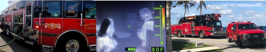 Three-photo collage showing fire trucks and Palm Beach Fire-Rescue personnel in action